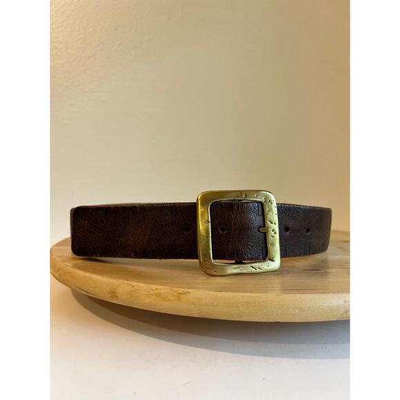 90s Brown Distressed Look Genuine Leather Square Gold Buckle Belt Size Medium